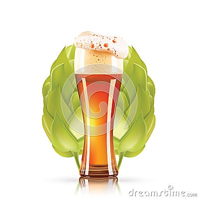 Hop plant and elegant glass of beer 3d vector icon isolated on white background. Hops beer photo-realistic vector Vector Illustration