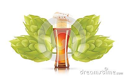 Hop plant and elegant glass of beer 3d vector icon isolated on white background. Hops beer photo-realistic vector Vector Illustration