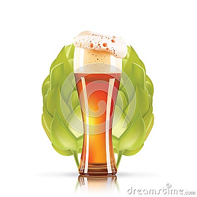 Hop plant and elegant glass of beer 3d vector icon isolated on white background. Hops beer photo-realistic vector Vector Illustration
