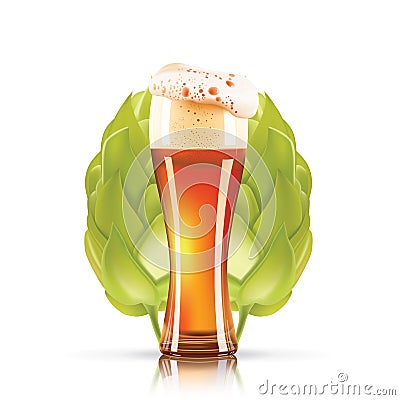 Hop plant and elegant glass of beer design 3d vector icon isolated on white background. Hops beer photo-realistic vector Vector Illustration