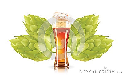 Hop plant and elegant glass of beer design 3d vector icon isolated on white background. Hops beer photo-realistic vector Vector Illustration