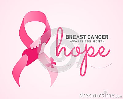 Hope breast cancer awareness month banner - pink ribbon with hand hold hand sign and butterfly vector design Vector Illustration