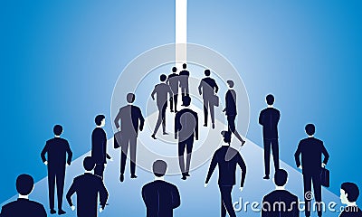 Hope Concept. Business People Walks Forward To Bright Light Vector Illustration