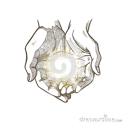 Hope concept. Hand drawn open palms with luminous ball. Black and white vintage hands. Vector sketch Vector Illustration