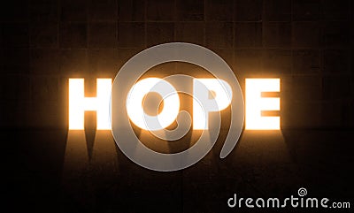 Hope Doors Concept. Glowing Hope letters On A Grungy Wall in a big Hall. Light Door Glowing Bright Letter Stock Photo