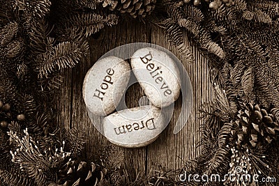 Hope, Dream, Believe in Text Stock Photo