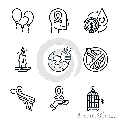 hope line icons. linear set. quality vector line set such as bird cage, ribbon, gun, no war, worldwide, candle, exchange, aid Vector Illustration