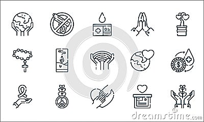 Hope line icons. linear set. quality vector line set such as hope, hands, ribbon, donation, peace, rosary, world, hand, no war Vector Illustration