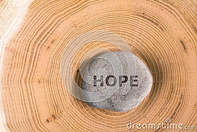 Hope in stone on tree Stock Photo