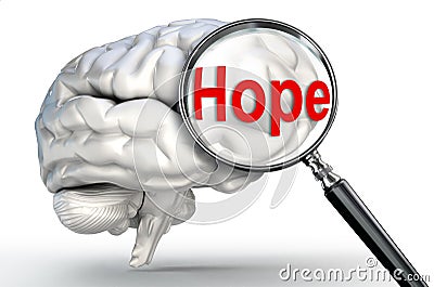 Hope word on magnifying glass and human brain Stock Photo