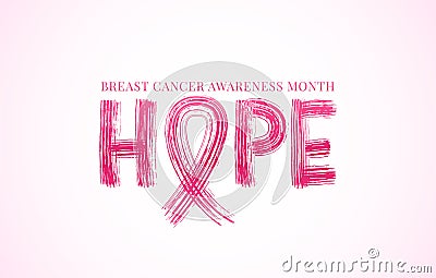 Hope word with pink ribbon symbol. Breast cancer awareness month. Vector illustration. Vector Illustration