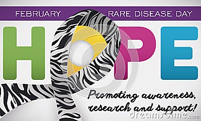 Hope Word, Zebra Ribbon and Greetings for Rare Disease Day, Vector Illustration Vector Illustration