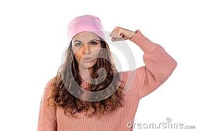 Hopeful woman with cancer wearing a thoughtful pink scarf Stock Photo