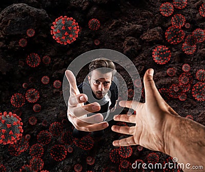 Hopeless businessman needs help because he is surrounded by viruses and bacteria. Concept of pandemic Stock Photo