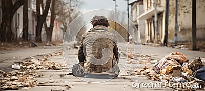 hopeless homeless refugee or poor beggar sitting on empty street Stock Photo