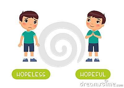 Hopeless and hopeful antonyms word card vector template. Opposites concept. Vector Illustration