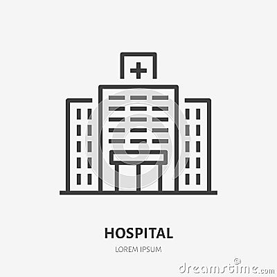 Hopital flat line icon. Vector thin sign of medical clinic, polyclinic logo. Health care building exterior illustration Vector Illustration