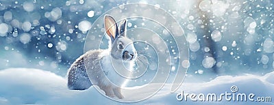 Hopping Bunny in Snowy Bliss. A playful rabbit in a snowy landscape with a soft-focus background Stock Photo