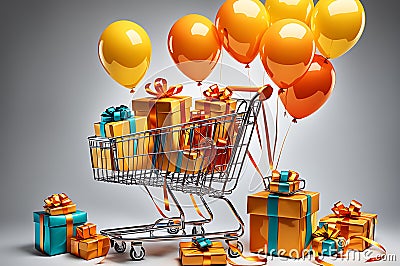 hopping cart brimming with an array of gifts, each wrapped in glossy paper adorned with ribbons, tempting surprises Stock Photo