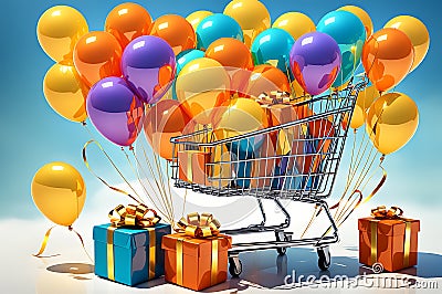 hopping cart brimming with an array of gifts, each wrapped in glossy paper adorned with ribbons, tempting surprises Stock Photo