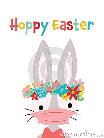 Hoppy Easter bunny Coronavirus vector card template. Stay home and wear a mask Corona rabbit with medical face mask holiday Cartoon Illustration