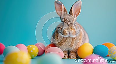 Hoppy Easter! Colorful Eggs and Bunny in Vibrant Hues Stock Photo