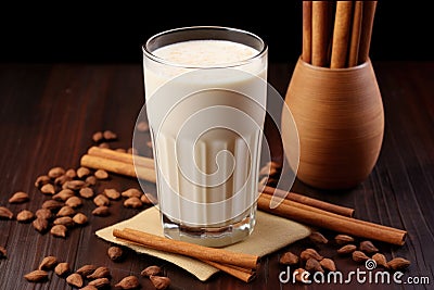 horchata in a tall glass beside cinnamon sticks Stock Photo