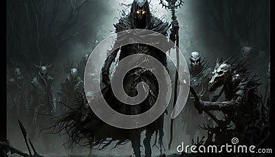 A horde of undead warriors gather to summon their darkest powers. Fantasy art. AI generation Stock Photo