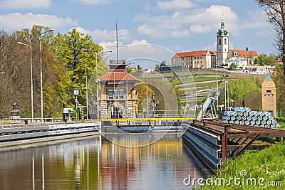 Horin lock and Melnik Castle, Vltava river, Czech Republic Editorial Stock Photo