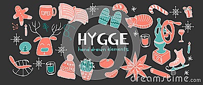 Horisontal banner with hygge hand drawn elements Vector Illustration