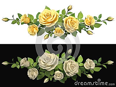 Horisontal border with roses branches. Cartoon Illustration