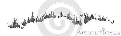 Horizon line with hand drawn silhouettes of coniferous trees growing on hills or mountains. Forest panorama with pines Vector Illustration