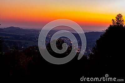 Horizon line of orange sky and clouds with beautiful golden orange sunset time with light sunrise nature Stock Photo