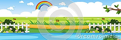 Horizon nature scene or landscape countryside with forest riverside view and rainbow in blank sky at daytime Vector Illustration