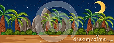Horizon nature scene or landscape countryside with palm trees view and moon in the sky at night Vector Illustration