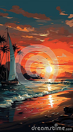 Horizon voyage, Palm-lined beach, sailing yacht at sunset illustrated coastal escape in vectors Stock Photo