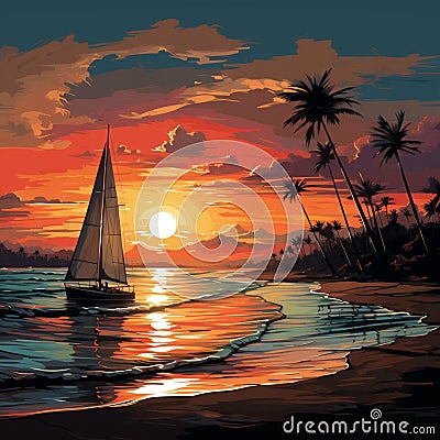 Horizon voyage, Palm-lined beach, sailing yacht at sunset illustrated coastal escape in vectors Stock Photo