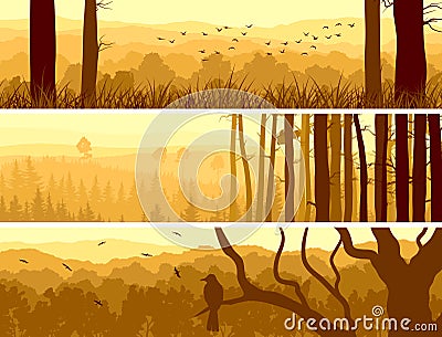 Horizontal banners of hills deciduous wood. Vector Illustration