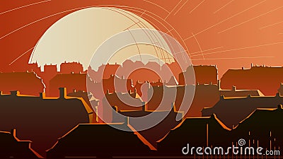 Horizontal abstract illustration of downtown part of city at sun Vector Illustration