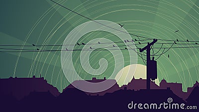 Horizontal abstract night card of flock birds on city power line Vector Illustration