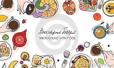 Horizontal advertising banner on breakfast theme. Backdrop with drink, pancakes, sandwiches, eggs, croissants and fruits Vector Illustration