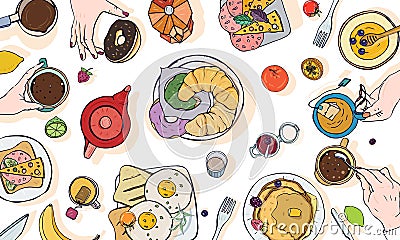 Horizontal advertising illustration on breakfast theme. Colorful vector hand drawn table with drink, pancakes Vector Illustration