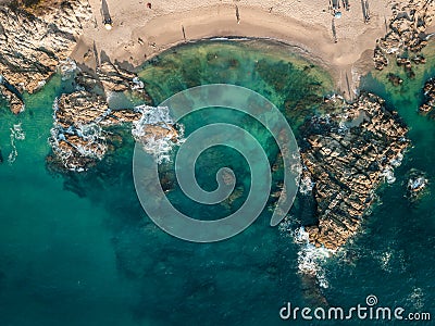 Horizontal aerial view of Conchas Chinas Beach in Puerto Vallarta. Bright clear turquoise water at beach Stock Photo