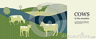 Horizontal agricultural background. Geometrical composition. Silhouettes of cows. Vector Illustration