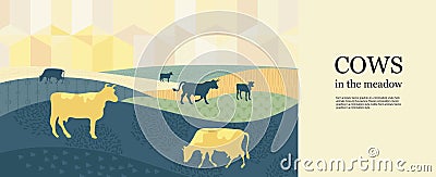 Horizontal agricultural background. Sunset. Silhouettes of cows. Vector Illustration