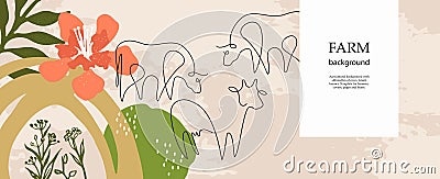 Horizontal agricultural banner. Cow drawn in one line. Vector Illustration