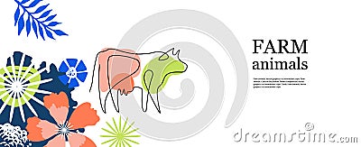 Horizontal agricultural banner. Cow drawn in one line. Vector Illustration