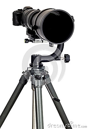 Modern Digital Camera With Super Telephoto Zoom Lens on White Stock Photo