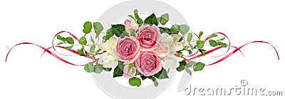 Horizontal arrangement with pink roses, freesia flowers, eucalyptus leaves and sarin ribbons Stock Photo