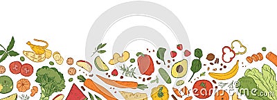 Horizontal backdrop with border consisted of fresh organic food. Banner template with tasty eco wholesome ripe Vector Illustration